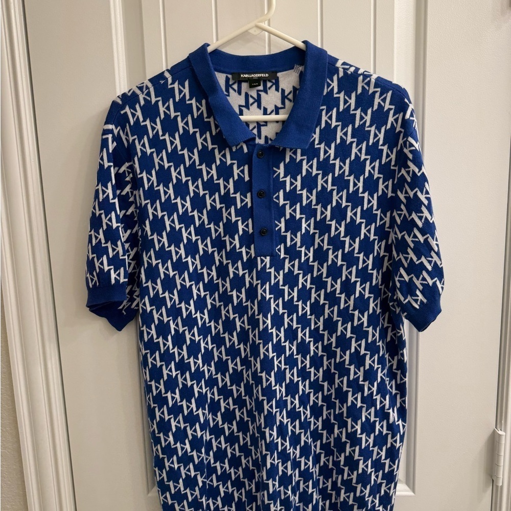 Karl Lagerfeld Blue and White Patterned Knit Polo sz L - Picture 2 of 7